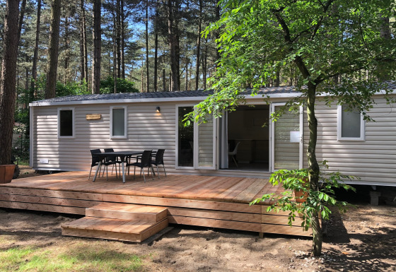 En moderne chalet ved navn Goudhaantje med træterrasse og udendørs spiseplads, omringet af skov.