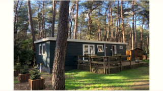 Photo du lodge Ekster situé dans une forêt de pins, avec terrasse en bois et coin salon extérieur.