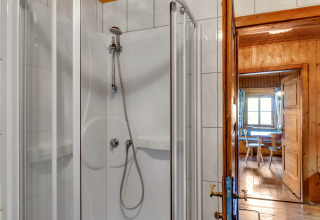 Badeværelse med brusekabine og kig ind i en hyggelig træbeklædt stue i Chalet «Pirkach», Østrig.