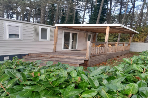 Una casa mobile con veranda coperta e terrazza in legno nella foresta di Verblijfpark Breebos 2.