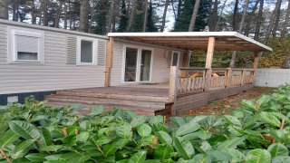 Een chalet met houten terras en overdekte veranda in het bos op Verblijfpark Breebos 2.