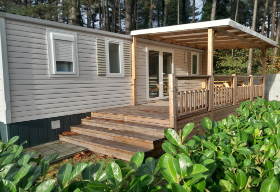 Vakantiewoning bij Verblijfpark Breebos 3 met houten veranda, overkapping en groene planten in het bos.
