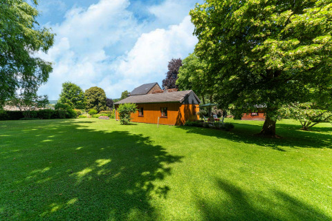 Foto van een lodge genaamd «Les Bouleaux» in België, omgeven door groen gras, bomen en een blauwe hemel.