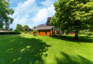 Foto van een lodge genaamd «Les Bouleaux» in België, omgeven door groen gras, bomen en een blauwe hemel.