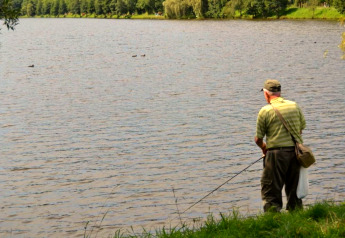 A man fishing by the lake at Les Bouleaux lodge in Belgium, with tranquil water and trees around.