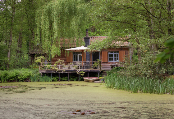 Een charmant houten huisje The Wijerschans aan een vijver, omringd door bos en groene natuur.