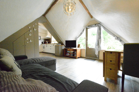 Lichte zolderwoonkamer in chalet 'Mise Au Vert' in België met bank, tv, eethoek en tuinzicht.