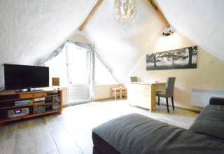 Lichte woonkamer in chalet Mise Au Vert in België met schuin dak, tv, bank en bureau.