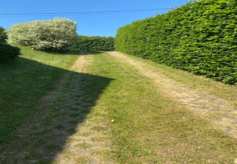 Grussti ved chalet 'Mise Au Vert' i Belgien, omgivet af grønne hække og et træ under en blå himmel.
