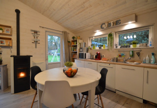 Moderne keuken en eethoek in Chatillon 67 lodge in België, met houtdecoratie en gezellige haard.