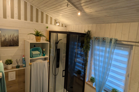 Badkamer in Chatillon 67-lodge in België, lichte houten muren, douche, planten en een raam met gordijn.