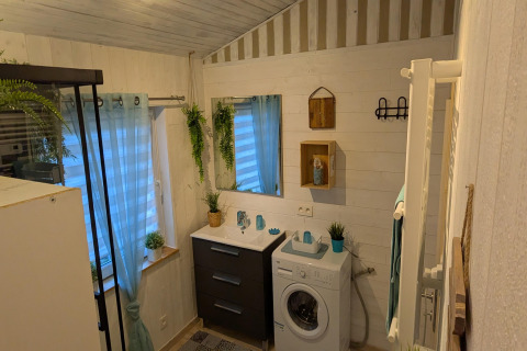 Modern en gezellig badkamer in Chatillon 67 lodge in België met wasmachine, planten en een grote spiegel.