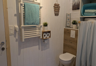 Moderne badkamer in Chatillon 67, België, met toilet, handdoekverwarmer en houten decoratie.