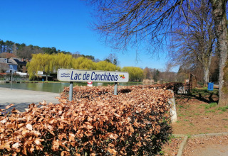 Uitzicht op Lac de Conchibois bij lodge Chatillon 67 in België, met blauwe lucht en bomen rondom.