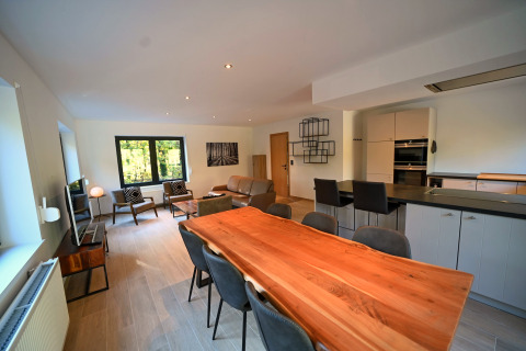 Stilfuld stue og køkken i Chalet «DES BOIS» lodge i Belgien med træmøbler og moderne design.