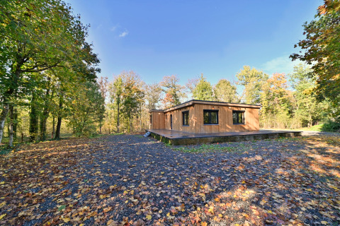 Udendørsbillede af Chalet «DES BOIS», en moderne træhytte omgivet af frodig skov i Belgien.