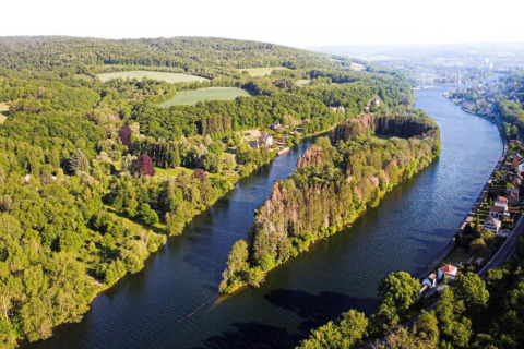 Luftfoto af en frodig flodbred og skov i nærheden af et glampingsted med hytter og smukke omgivelser.