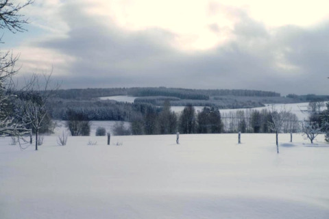 Vista invernale da una sistemazione glamping, con campi, alberi e colline innevati sotto un cielo nuvoloso.
