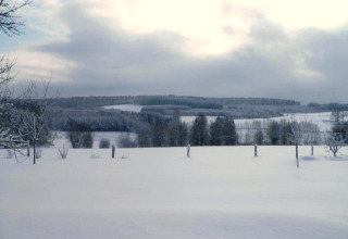 Winterzicht vanuit een glampingverblijf met besneeuwde velden, bomen en heuvels onder een bewolkte hemel.