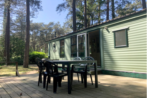 Terrazza esterna presso il lodge ‘Sijs’ in Belgio, circondata da alberi e natura boschiva.