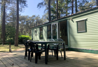 Terrazza esterna presso il lodge ‘Sijs’ in Belgio, circondata da alberi e natura boschiva.