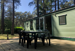 Terrazza esterna presso il lodge ‘Sijs’ in Belgio, circondata da alberi e natura boschiva.