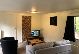 Woonkamer in lodge ‘Ekster’ in België met grijze zetel, tv, houtdecor en zicht op het bos buiten.