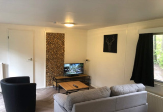 Stue i lodge 'Ekster' i Belgien med grå sofa, sort stol, tv, trædekoration og vindue med skovudsigt.