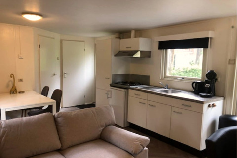 Salon lumineux du lodge Ekster en Belgique, avec canapé, table à manger et kitchenette pratique.