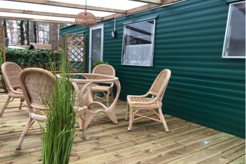 Terrazza esterna dello chalet «Specht» in Belgio con mobili in vimini, parete verde e piante.