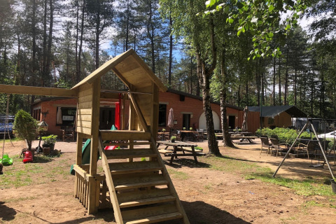 Outdoor playground and picnic area at Koolmees lodge in Belgium, surrounded by trees and sunshine.