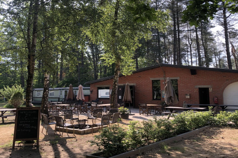 Terrasse extérieure d’un lodge avec tables, chaises et parasols entourée d’arbres en forêt.