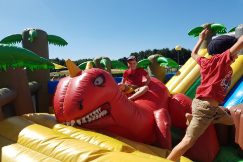 Kinderen spelen op een opblaasbare dinosaurusglijbaan buiten op een zonnige dag met palmbomen.