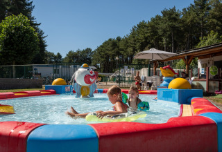 Kinderen spelen in een ondiep zwembad met kleurrijke figuren bij een lodge omgeven door bomen.