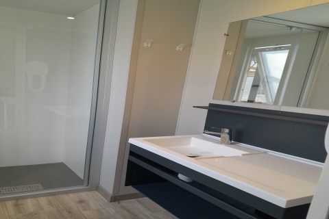 Moderne badkamer in Verblijfpark Breebos 4, België, met douche, wastafel en een grote spiegel.