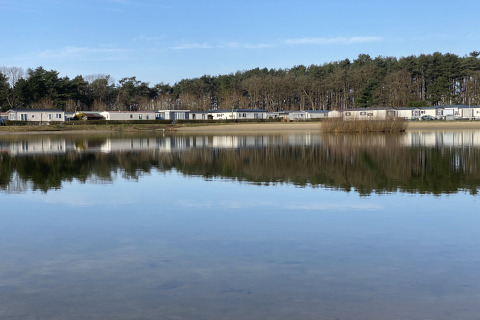 Uitzicht op een rustige vijver met reflectie van bomen en lodges bij Verblijfpark Breebos 4 in België.