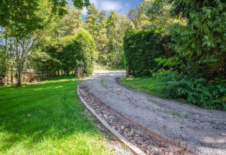 Gravel driveway at a chalet, surrounded by lush green trees and bushes under a bright daytime sky.