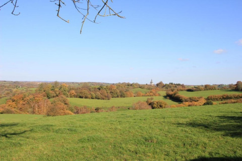 View from a chalet overlooking green fields, autumn trees, and a clear blue sky in the distance.