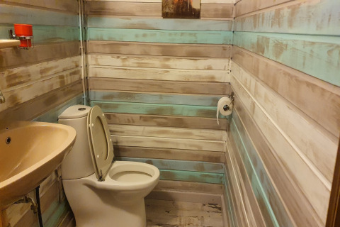 Bathroom with wooden walls, toilet, sink, and toilet paper at The Deer Forest Lodge in Belgium.