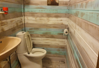 Bathroom with wooden walls, toilet, sink, and toilet paper at The Deer Forest Lodge in Belgium.
