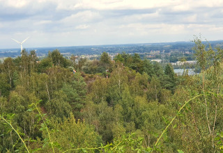 Uitzicht vanaf een lodge over heuvelachtig groen met bomen, een windmolen en een verre stad.