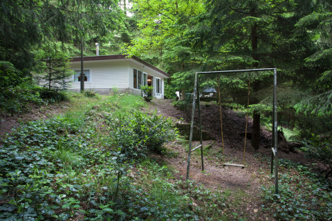 Piccola casa nel bosco con altalena davanti, immersa nel verde, Forest House the Squirrel in Belgio.