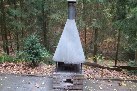 Chimenea exterior en Forest House the Squirrel en Bélgica, rodeada de árboles y hojas otoñales en el suelo.