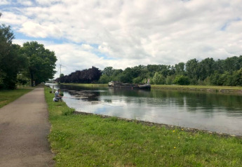 Persona che pesca accanto a un fiume vicino a una pista ciclabile in un glamping, circondata da alberi e nuvole.