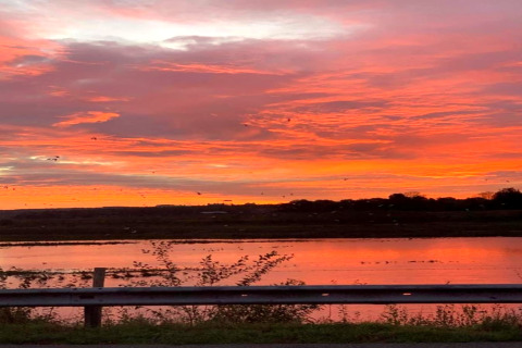Schitterende zonsondergang bij een glampingverblijf, lucht in vurige oranje en roze tinten boven het water.