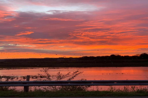 Superbe coucher de soleil sur le lac près d’un glamping, ciel éclatant d’orange et de rose vif reflétés.