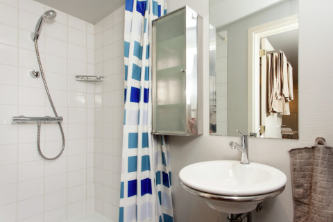 Moderne badkamer in de hut The Wijerschans in België, met douche, wasbak, spiegel en blauw geruit gordijn.