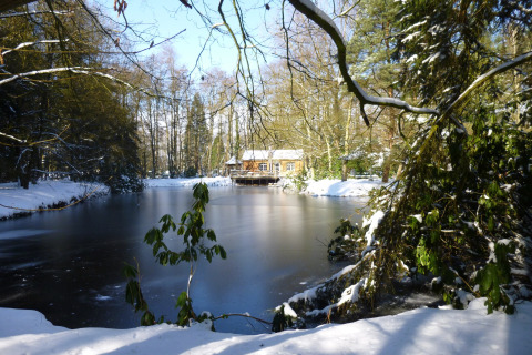 Houten hut bij een bevroren vijver, omgeven door besneeuwde bomen in een Belgisch winterlandschap.