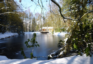 Houten hut bij een bevroren vijver, omgeven door besneeuwde bomen in een Belgisch winterlandschap.
