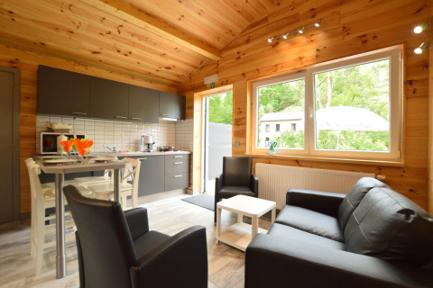 Helles Wohnzimmer und Küche im Le Chalet Chaleureux B in Belgien, mit Holzdecke und modernen Möbeln.
